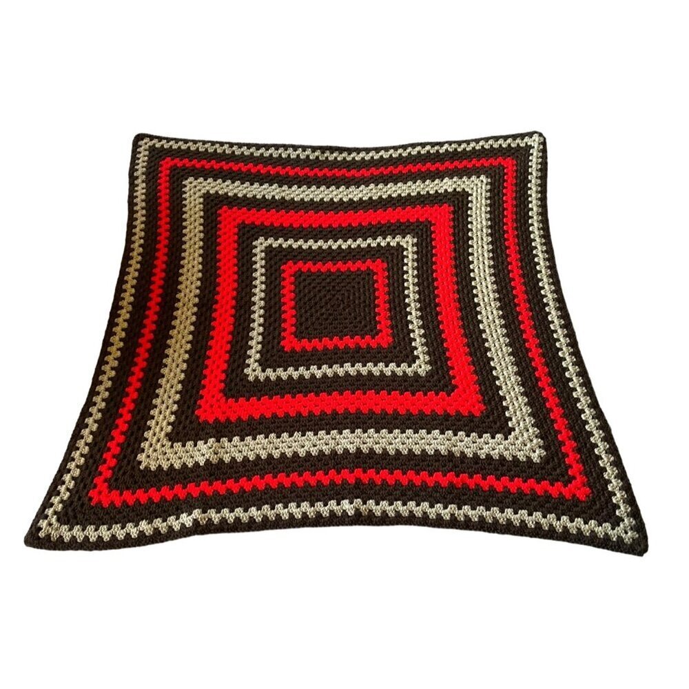 Homemade crocheted blanket 44in granny square blanket throw brown red